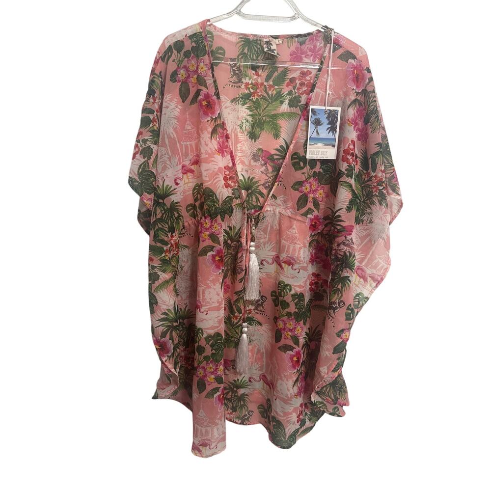 Violet Sky NWT Tropical Floral Kimono Cover Up Tassel One Size Boho